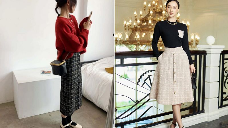 Chân váy dạ tweed phối cùng áo len cổ tròn