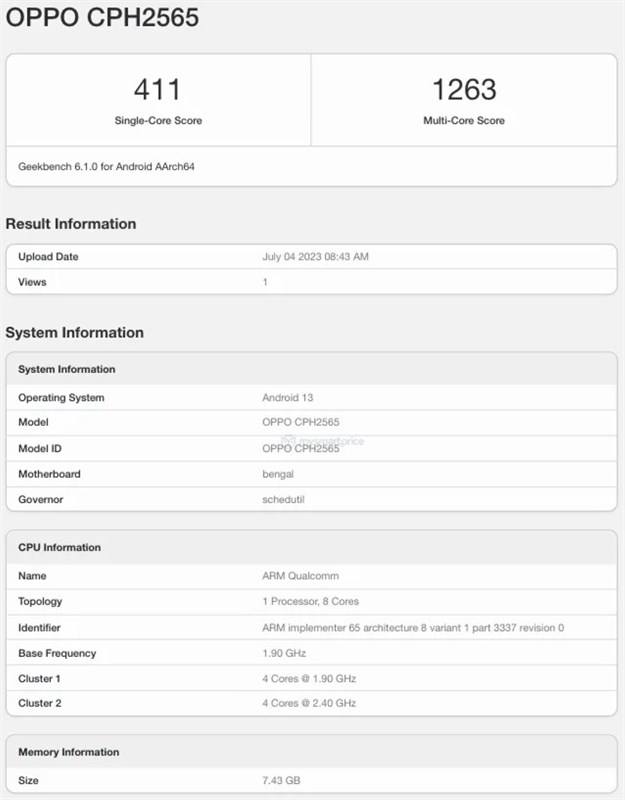 Thông tin về OPPO A78 4G trên Geekbench