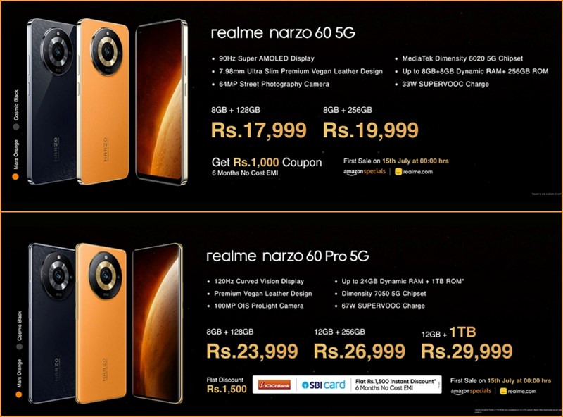 realme Narzo 60 và realme Narzo 60 Pro sẽ được mở bán từ ngày 15/7/2023 tại Ấn Độ nhân dịp Amazon Prime Day