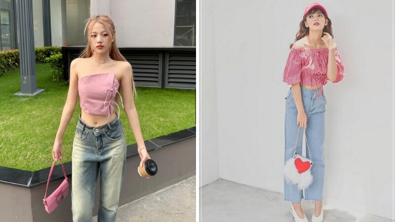 Áo croptop và quần jeans ống rộng