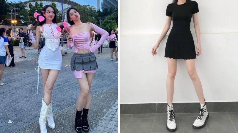Váy body ngắn cùng boots cổ cao