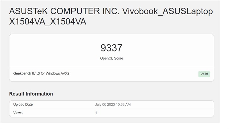 Điểm GeekBench 6 (GPU Compute) trên ASUS Vivobook 15 X1504VA. Điểm GeekBench 6 (GPU Compute) trên ASUS Vivobook 15 X1504VA.
