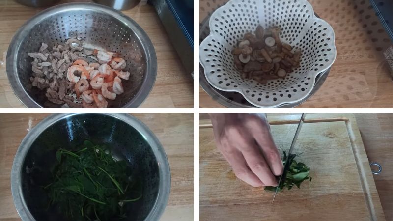 Sơ chế nguyên liệu và luộc nấm, tôm, thịt và rau