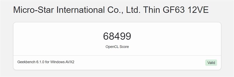 Điểm GeekBench 6 (GPU Compute) trên MSI GF63 Thin 12VE.