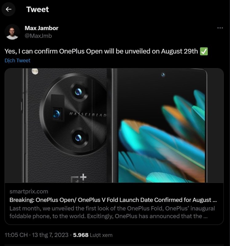 Leaker Max Jambor cũng đồng tình với thông tin rò rỉ về ngày ra mắt OnePlus Open của SmartPrix