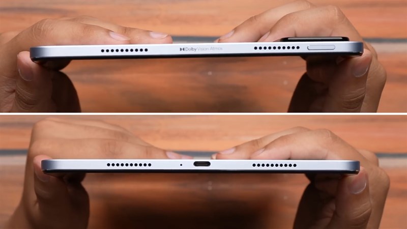 Cạnh trên và cạnh dưới của Xiaomi Pad 6 có nút nguồn, cổng sạc và các dải loa