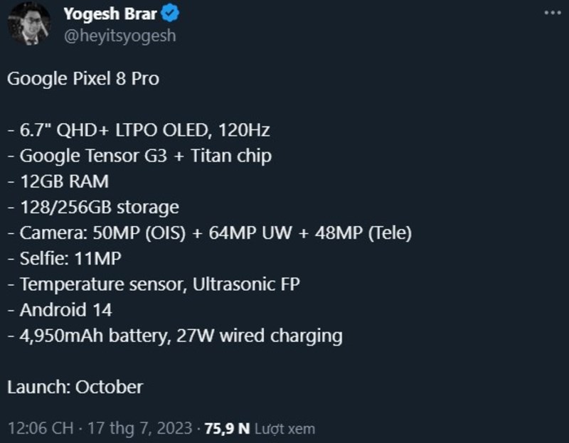 Cấu hình của Pixel 8 Pro theo rò rỉ của leaker Yogesh Brar