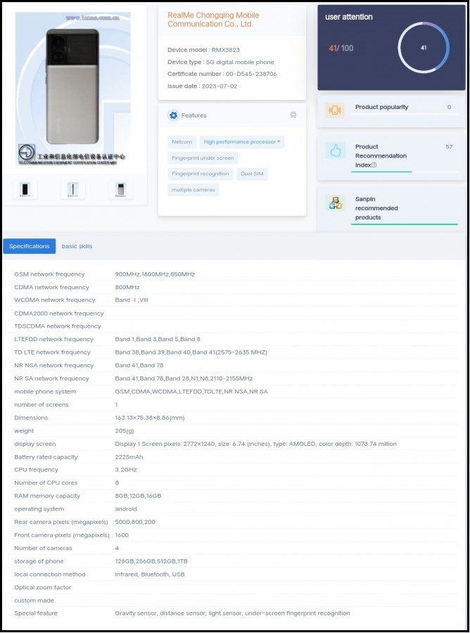 Bảng thông số của realme GT Neo6 Pro trên TENAA. Bảng thông số của realme GT Neo6 Pro trên TENAA.