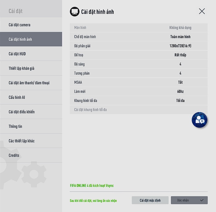 Thiết lập của tựa game FIFA Online 4 mà mình trải nghiệm trên MSI Modern 14 C7M