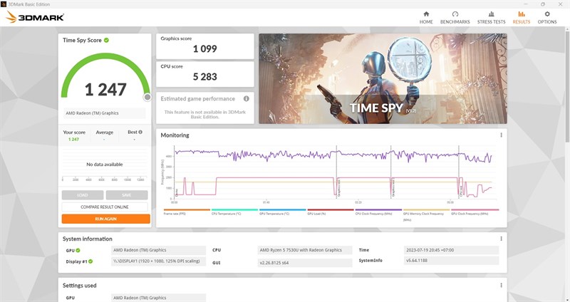 Điểm hiệu năng đồ họa của MSI Modern 14 C7M được chấm bởi phần mềm 3DMark Time Spy.