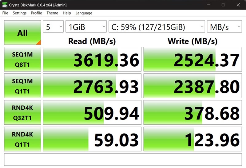 Tốc độ đọc/ghi của ổ cứng SSD bên trong MSI Modern 14 C7M.
