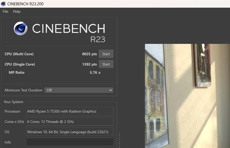 Điểm hiệu năng của MSI Modern 14 C7M được chấm bởi phần mềm Cinebench R23.