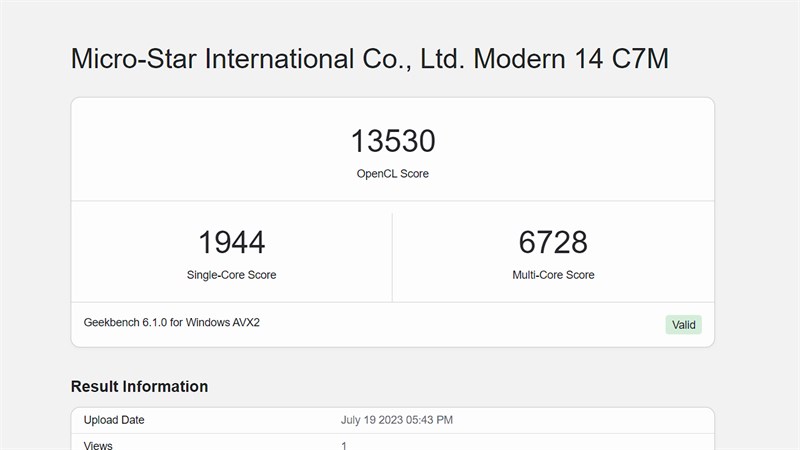 Điểm hiệu năng của MSI Modern 14 C7M được chấm bởi phần mềm Geekbench 6.