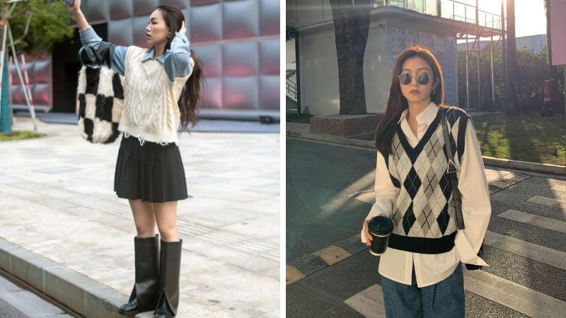 Kết hợp quần/ váy jeans cùng với sơ mi cách điệu và gile len: Tạo phong cách đường phố Trung Quốc đầy sáng tạo