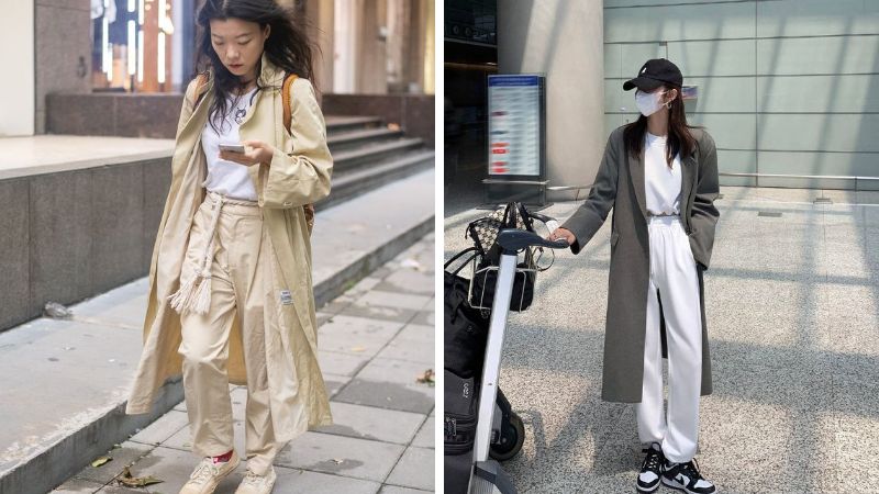 Tự tin sải bước với outfit áo thun, quần jeans và áo khoác dạ theo phong cách Trung Quốc