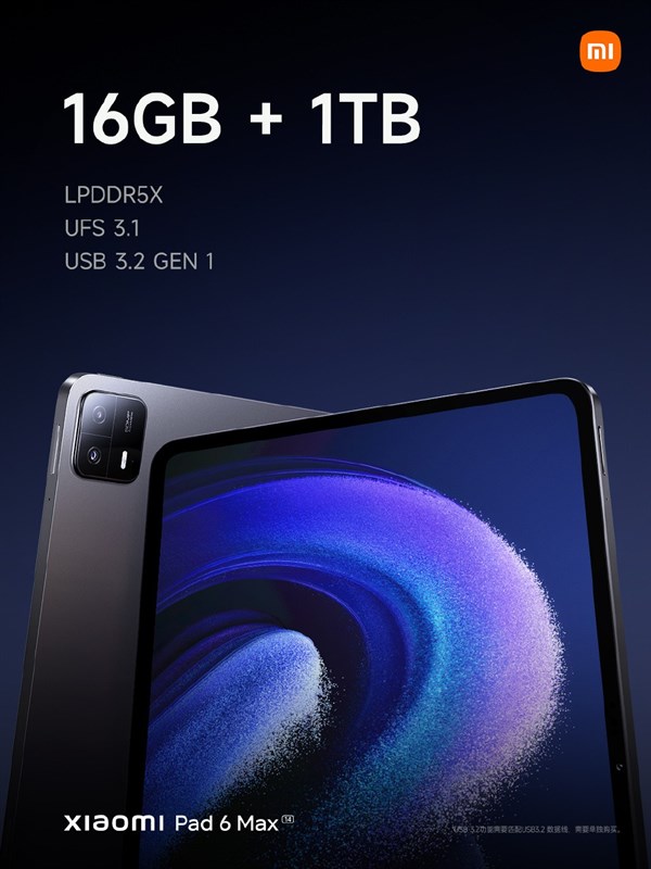 Xiaomi Pad 6 sở hữu dung lượng RAM 16 GB cùng bộ nhớ trong lên đến 1 TB. Nguồn: Xiaomi.
