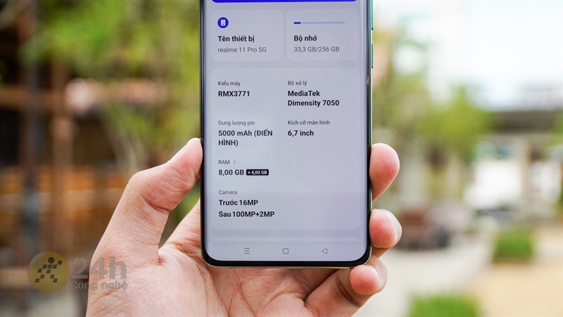 realme 11 Pro 5G sở hữu RAM 8 GB và bộ nhớ trong 256 GB.