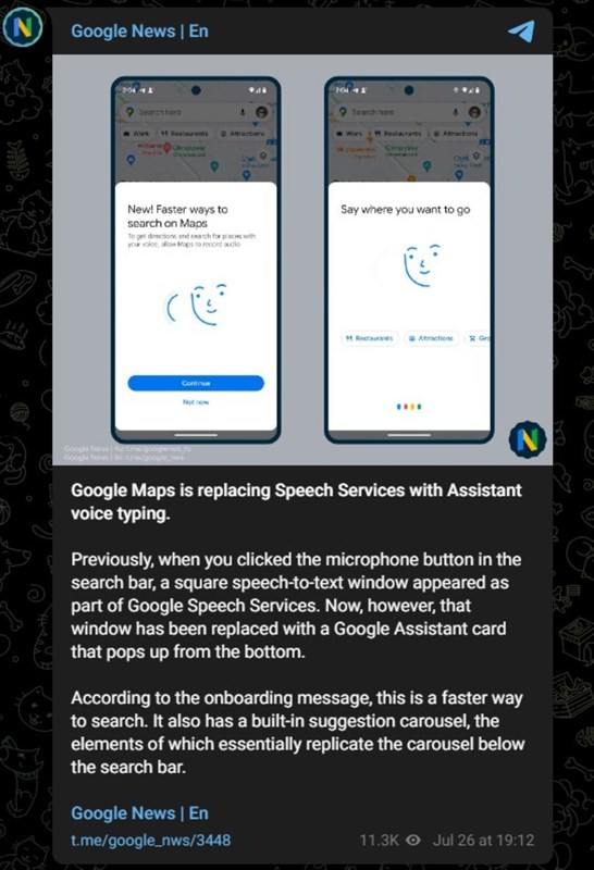 Thông báo về tính năng mới của Google Maps trên Telegram