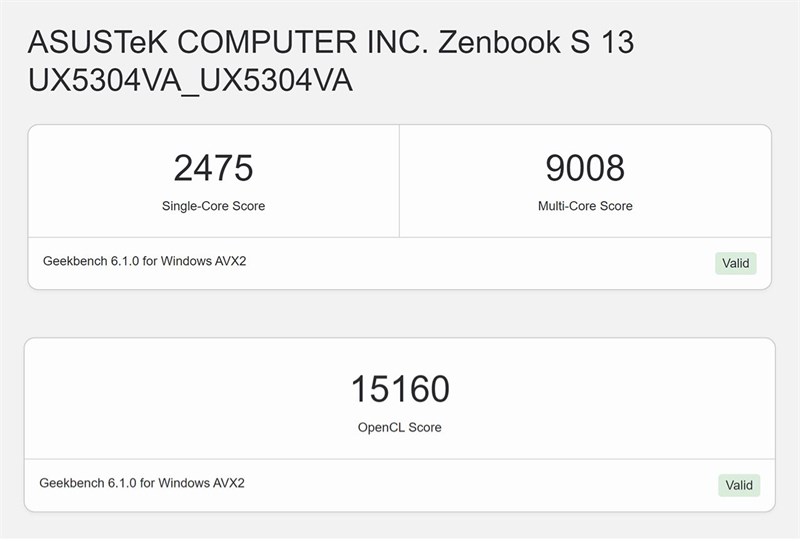 Điểm GeekBench 6 của ASUS Zenbook S 13 OLED