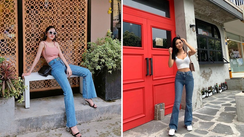 Quần jeans bootcut phối cùng áo hai dây