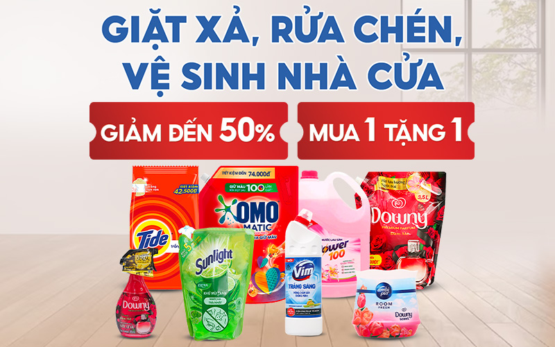 Giặt Xả, Nước Rửa Chén, Vệ Sinh Nhà Cửa mua 1 tặng 1, giảm đến 50% Giặt Xả, Nước Rửa Chén, Vệ Sinh Nhà Cửa mua 1 tặng 1, giảm đến 50%