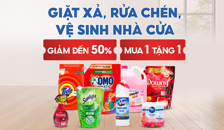 Giặt Xả, Nước Rửa Chén, Vệ Sinh Nhà Cửa mua 1 tặng 1, giảm đến 50%