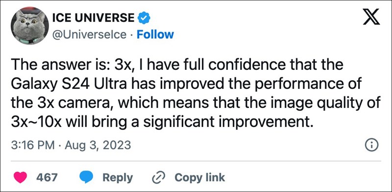 Leaker Ice Universe khẳng định camera trên Galaxy S24 Ultra vẫn sẽ có những cải tiến đáng kể 