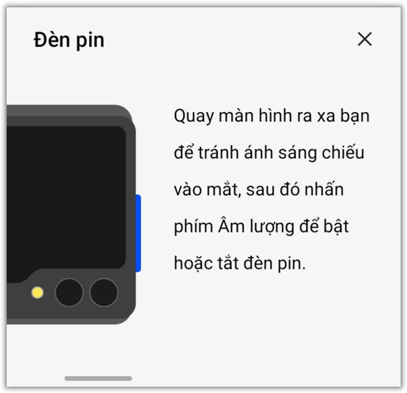 Đây là một lời nhắc tinh tế mà mình nhận được khi bật đèn pin từ màn hình phụ của Galaxy Z Flip5.