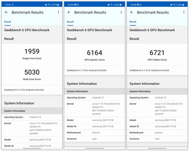 Các điểm số GeekBench 6 của Galaxy Z Flip5.