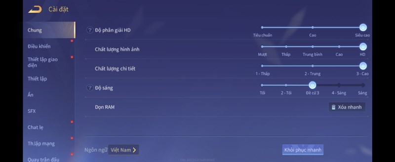 Thiết lập đồ họa trong Liên Quân Mobile mà mình chỉnh để test pin Galaxy Z Flip5.