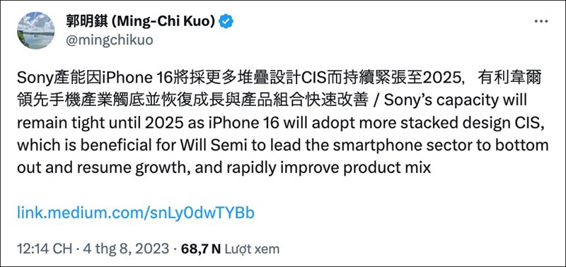 Bài tweet của Ming Chi Kuo về công nghệ camera của thế hệ iPhone mới gây xôn xao