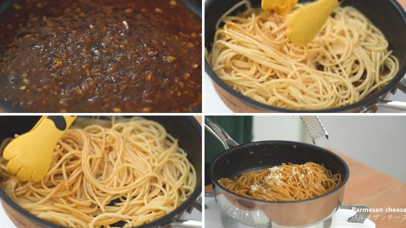 Trộn mỳ Ý vào sốt