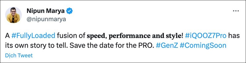 Bài tweet của Giám đốc iQOO Ấn Độ ấn định ngày ra mắt Z7 Pro 5G Bài tweet của Giám đốc iQOO Ấn Độ ấn định ngày ra mắt Z7 Pro 5G