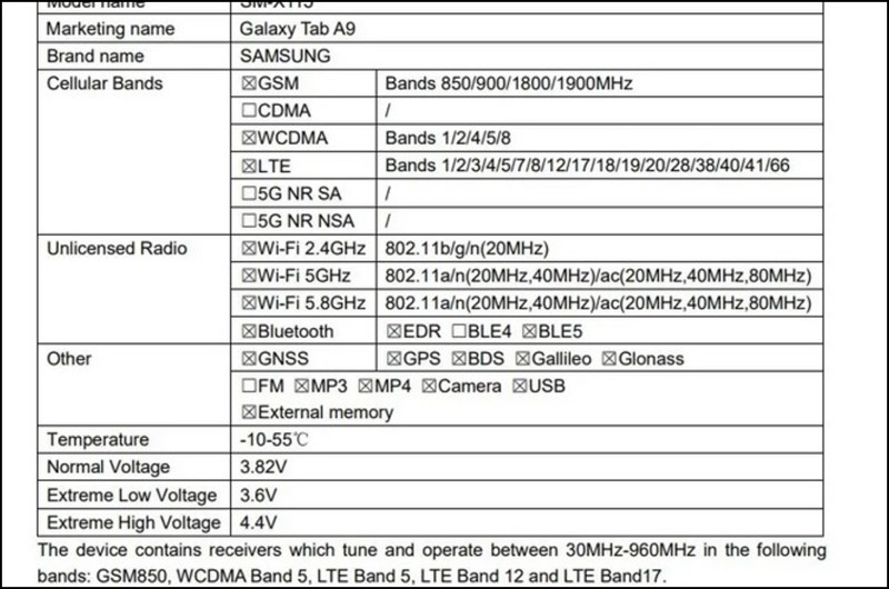 Các thông số kĩ thuật chính của Galaxy Tab A9 trên trang chứng nhận FCC Các thông số kĩ thuật chính của Galaxy Tab A9 trên trang chứng nhận FCC