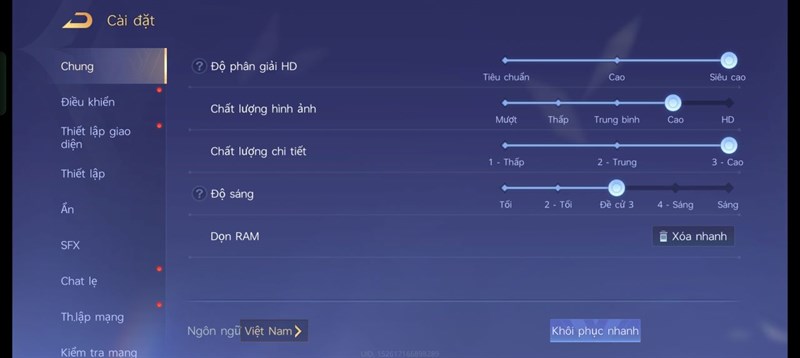Thiết lập đồ họa Liên Quân Mobile mà mình đặt cho bài test pin trên realme 11 Pro+ 5G.