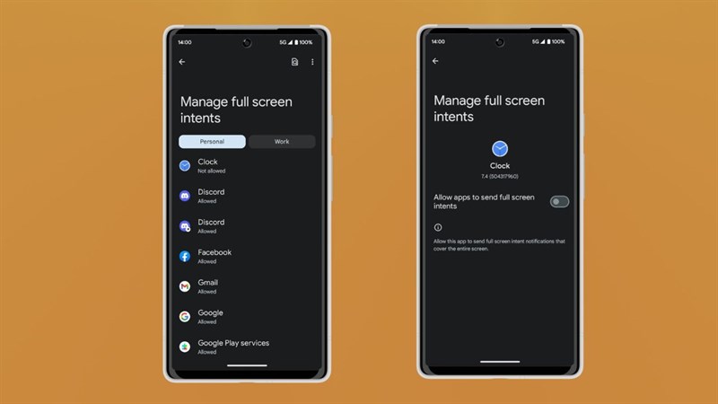Trên Android 14, bạn có thể tắt quyền hiển thị thông báo toàn màn hình cho từng ứng dụng (Ảnh: Twitter Mishaal Rahman)