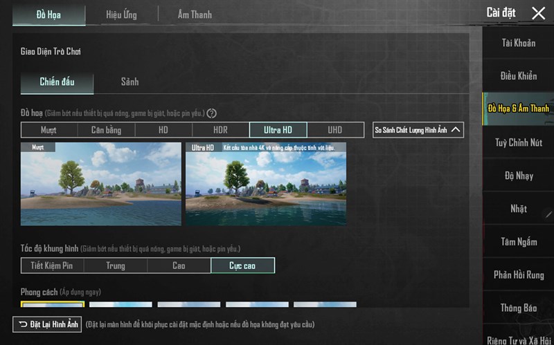 Thiết lập đồ họa PUBG Mobile mà mình áp dụng trên Galaxy Tab S9 Ultra