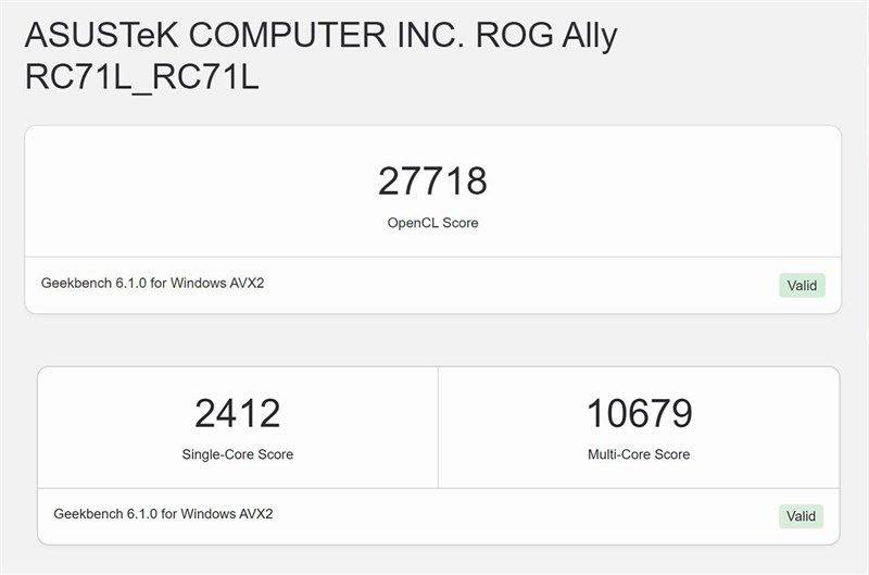 Điểm GeekBench 6 của ASUS ROG Ally khi không cấp nguồn