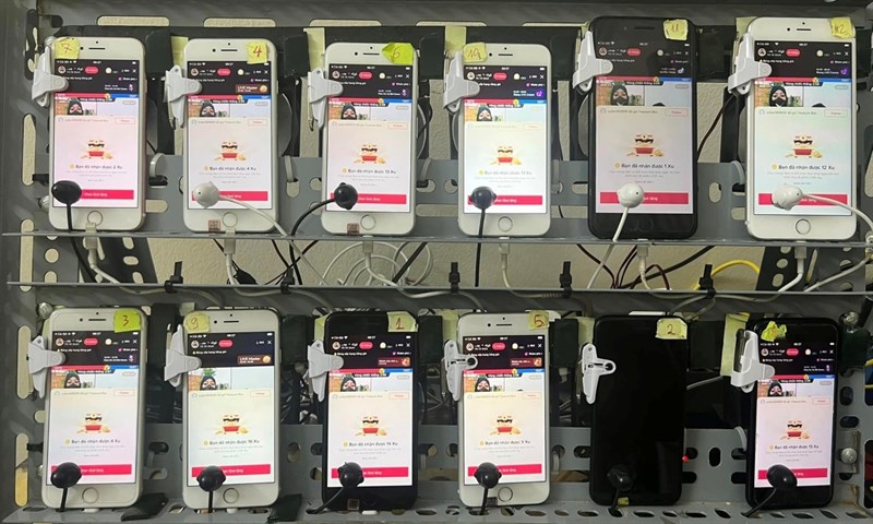 Những chiếc iPhone cũ được gắn thiết bị click tự động để nhặt xu TikTok Những chiếc iPhone cũ được gắn thiết bị click tự động để nhặt xu TikTok