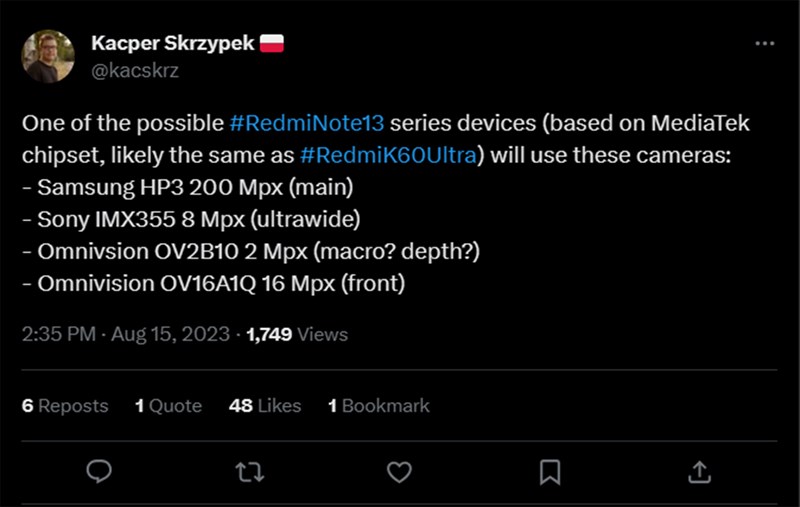 Leaker Kacper Skrzypek đã tiết lộ những thông số chính của Redmi Note 13
