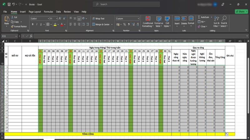 Cách tạo bảng chấm công trên Microsoft Excel