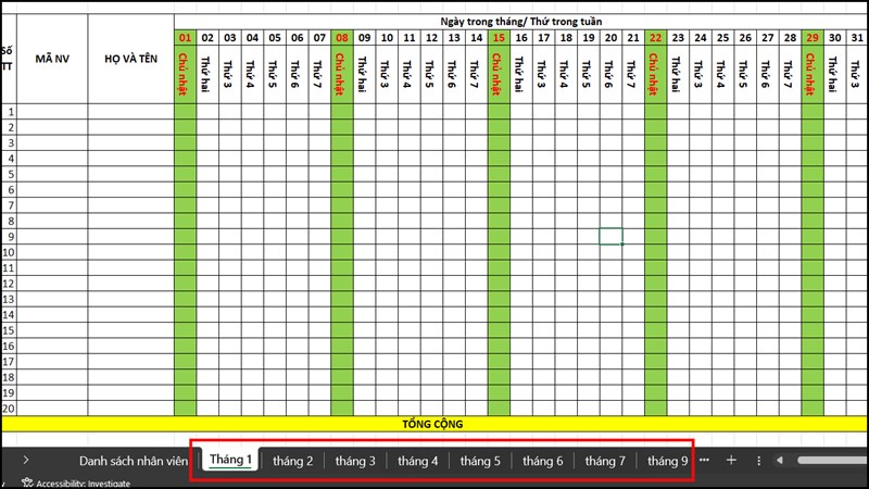 Cách tạo bảng chấm công trên Microsoft Excel