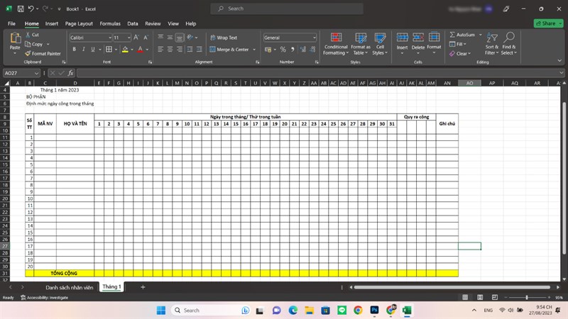 Cách tạo bảng chấm công trên Microsoft Excel