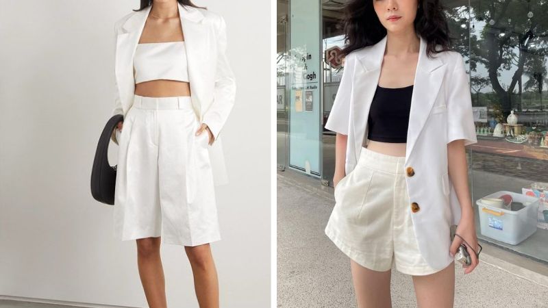 Quần short công sở phối cùng áo croptop đơn giản và áo blazer oversized màu trắng