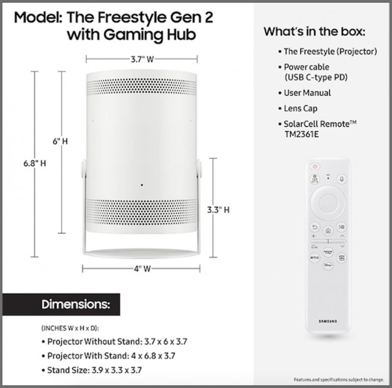 Thông số máy chiếu Samsung Freestyle Gen 2