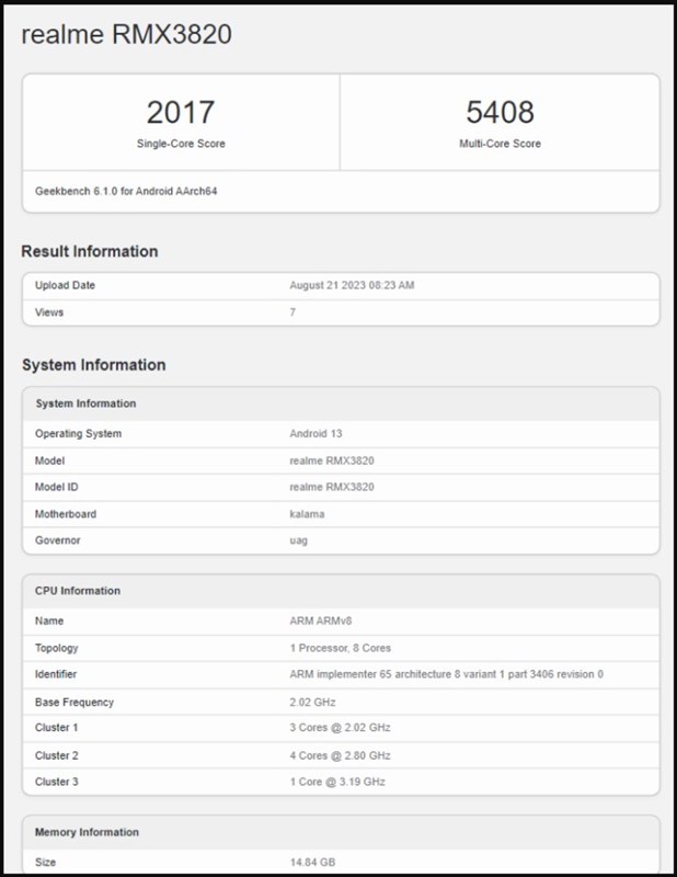 Điểm số Geekbench bị rò rỉ được cho là của realme GT5 Điểm số Geekbench bị rò rỉ được cho là của realme GT5
