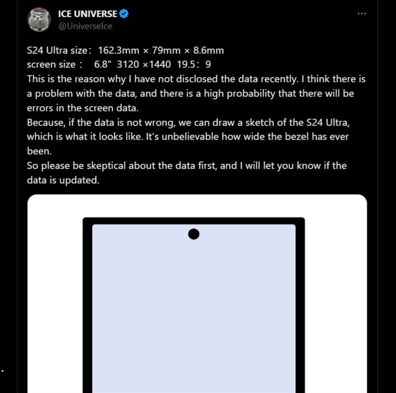 Bài viết của Ice Universe trên Twitter (X) tiết lộ kích thước của Galaxy S24 Ultra 