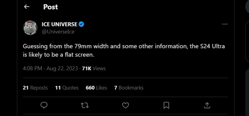 Ice Universe cũng đã đề cập đến kích thước màn hình cũng như tỷ lệ khung hình của Galaxy S24 Ultra 