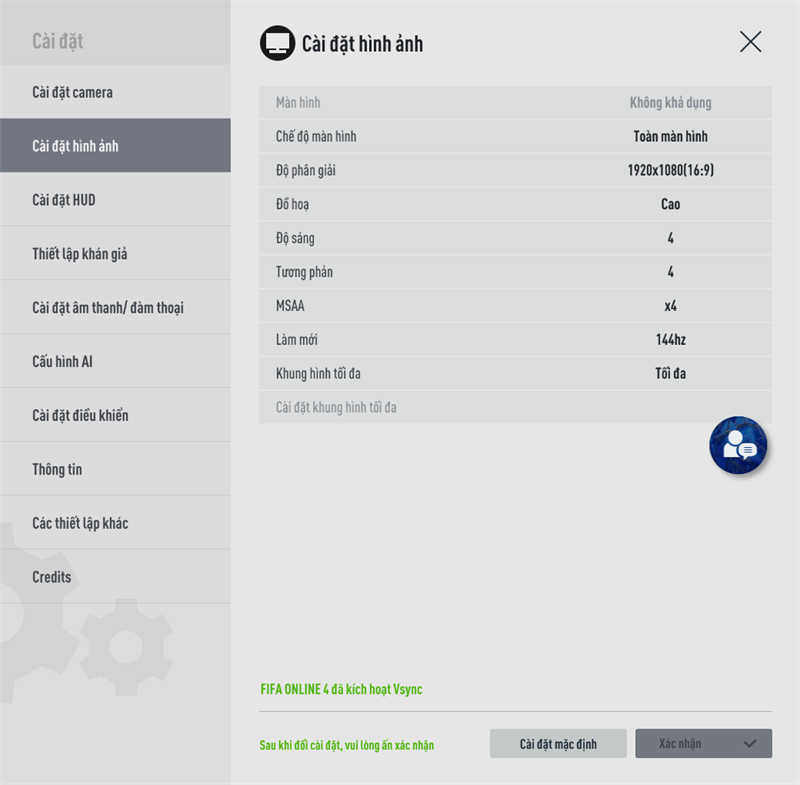 Thiết lập đồ họa trong game FIFA Online 4 có thể chỉnh được với MSI GF63 12UC.