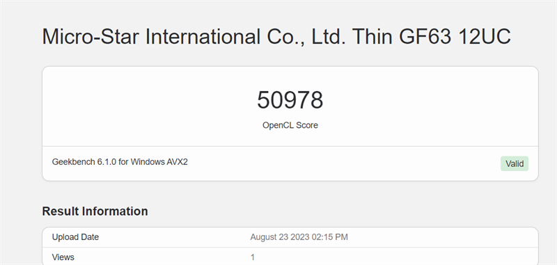 Điểm hiệu năng đồ họa (GPU Compute) của MSI GF63 12UC được chấm bởi Geekbench 6